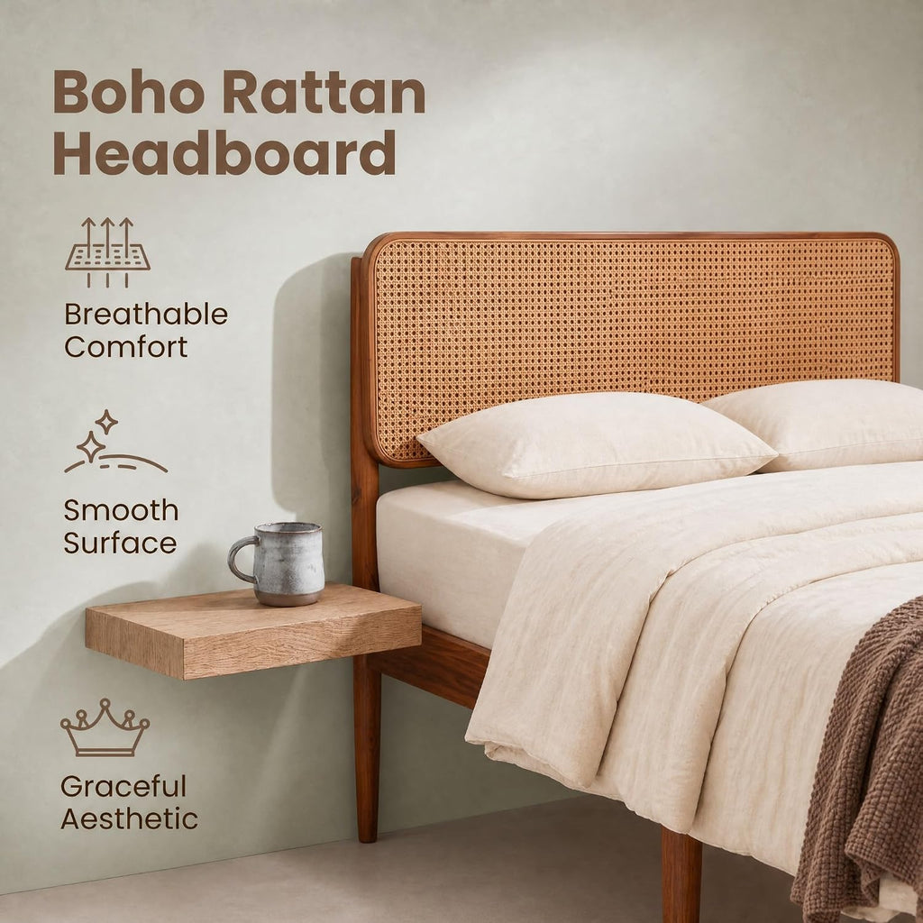 KOMFOTT Queen Size Bed Frame, Wood Platform Bed with PE Rattan Headboard