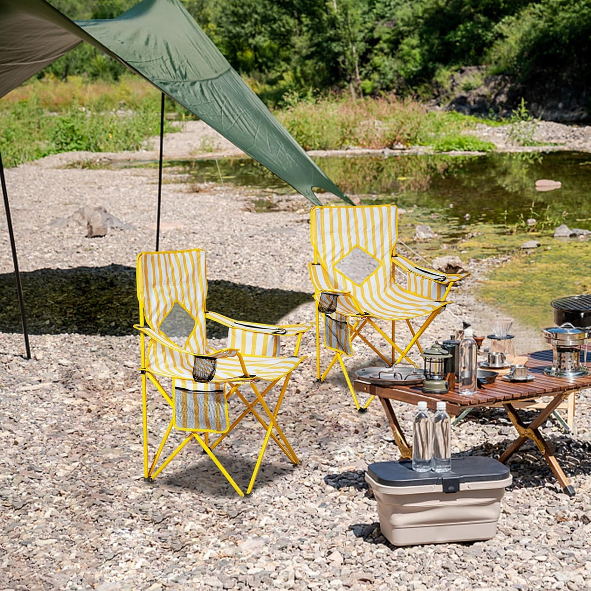 Nazhura 2 Pack Outdoor Camping Chairs Folding/Foldable/Portable with Cooler Pouch, Mesh Backrest and Cup Holder Pocket(Yellow, Metal, 2 Pack)
