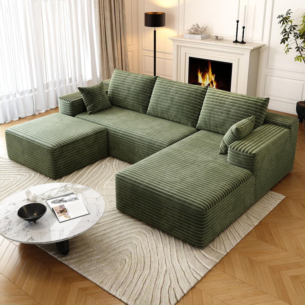 95" Sectional Couches for Living Room Cloud Couch Sofa with L-Shape Upholstered Couchs Modern Modular Sectional Couch with Chaise (Green, 95" W 2-Seater+Right Chaise+Ottoman)