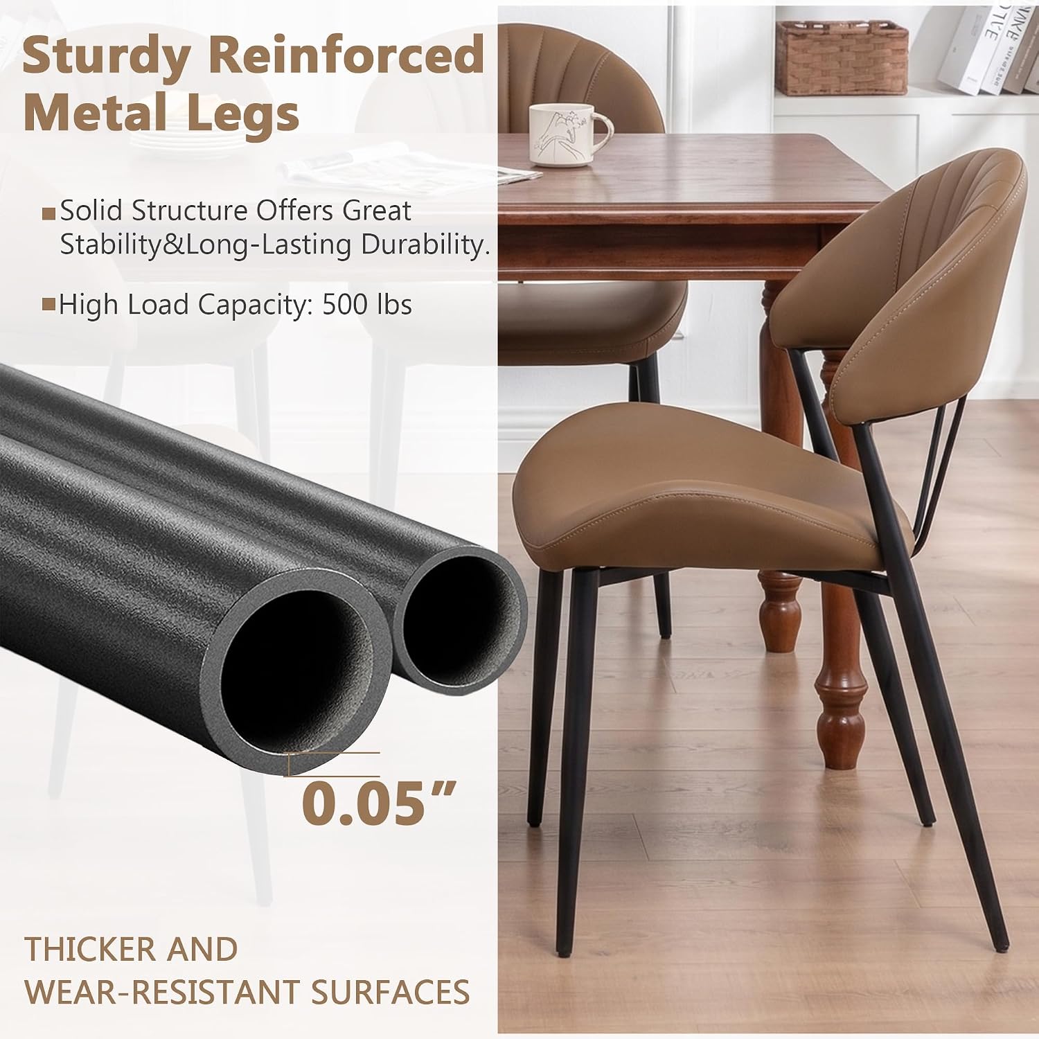 PU Leather Dining Chairs Set of 4, Mid Century Modern Dining Chairs with Stitching, Upholstered Kitchen & Dining Room Chairs with Curved Back and Black Metal Legs (Brown)