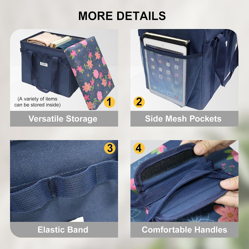 49L Floral Foldable Storage Ottoman 220lb Heavy Duty Sitting Stool | 2-in-1 Seating footrest, Thick floral padded seat, Mesh side pockets, Padded handles, For home camping picnic