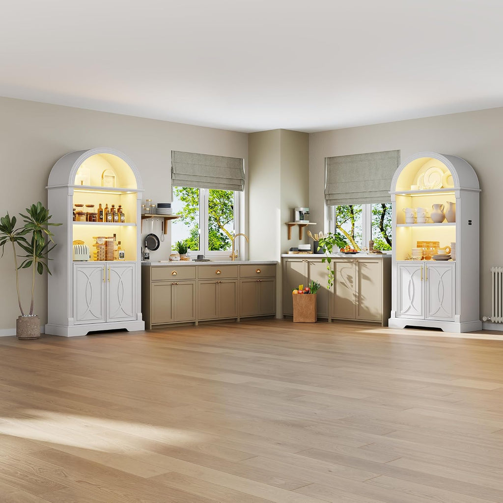 Vlsrka Kitchen Pantry Storage Cabinets with Adjustable Shelves, 71" Tall | Arched Wooden Cabinet with Doors, 3 Colors LED Lights, Motion Sensor, Freestanding, for Living/Dining Room, White