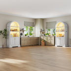 Vlsrka Kitchen Pantry Storage Cabinets with Adjustable Shelves, 71" Tall | Arched Wooden Cabinet with Doors, 3 Colors LED Lights, Motion Sensor, Freestanding, for Living/Dining Room, White