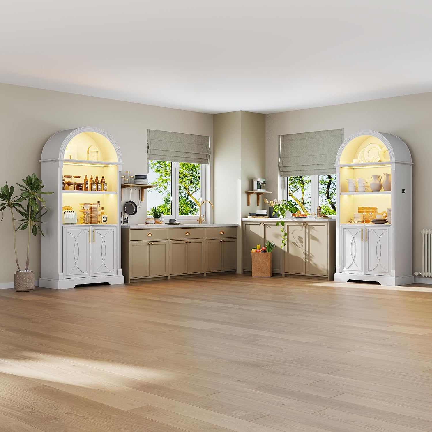Vlsrka Kitchen Pantry Storage Cabinets with Adjustable Shelves, 71" Tall | Arched Wooden Cabinet with Doors, 3 Colors LED Lights, Motion Sensor, Freestanding, for Living/Dining Room, White