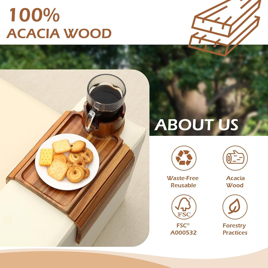 GHKINMAL Couch Cup Holder Tray, Acacia Wood Couch Armrest Table with 360° Ratated Phone Holder, 18.99" Flodable Anti-Slip Sofa Armrest Tray Tables for Snacks Remote Storage