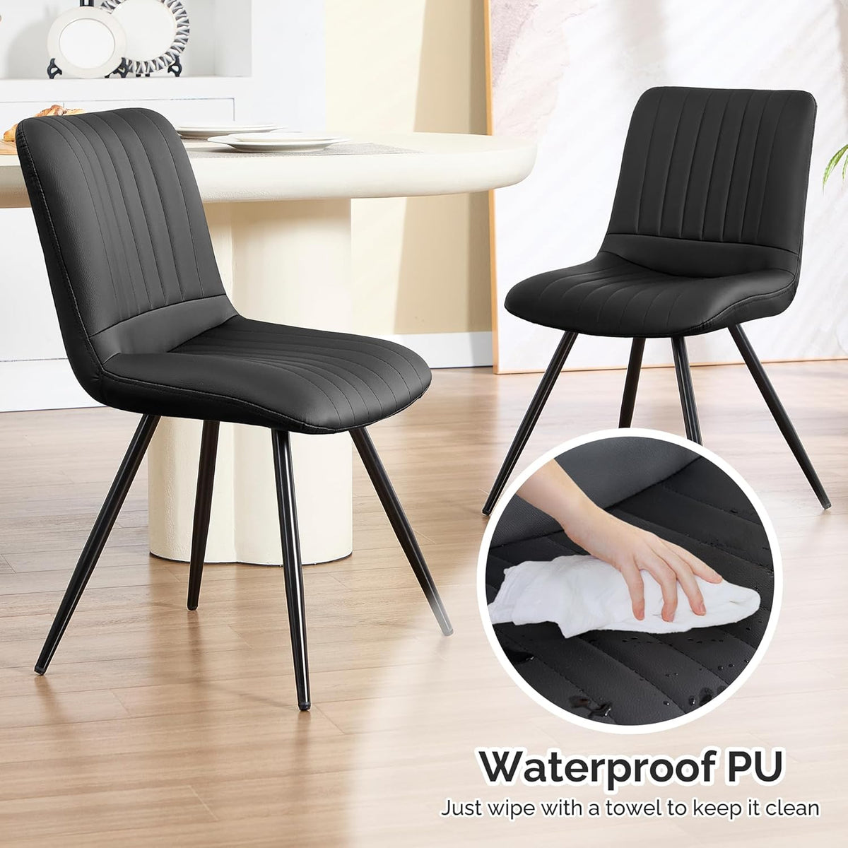 Dining Chairs Set of 4, Modern Dining Chairs with Thick Cushions, PU Leather Upholstered Kitchen Dining Room Chairs with Metal Legs for Dining Living Room (Black)