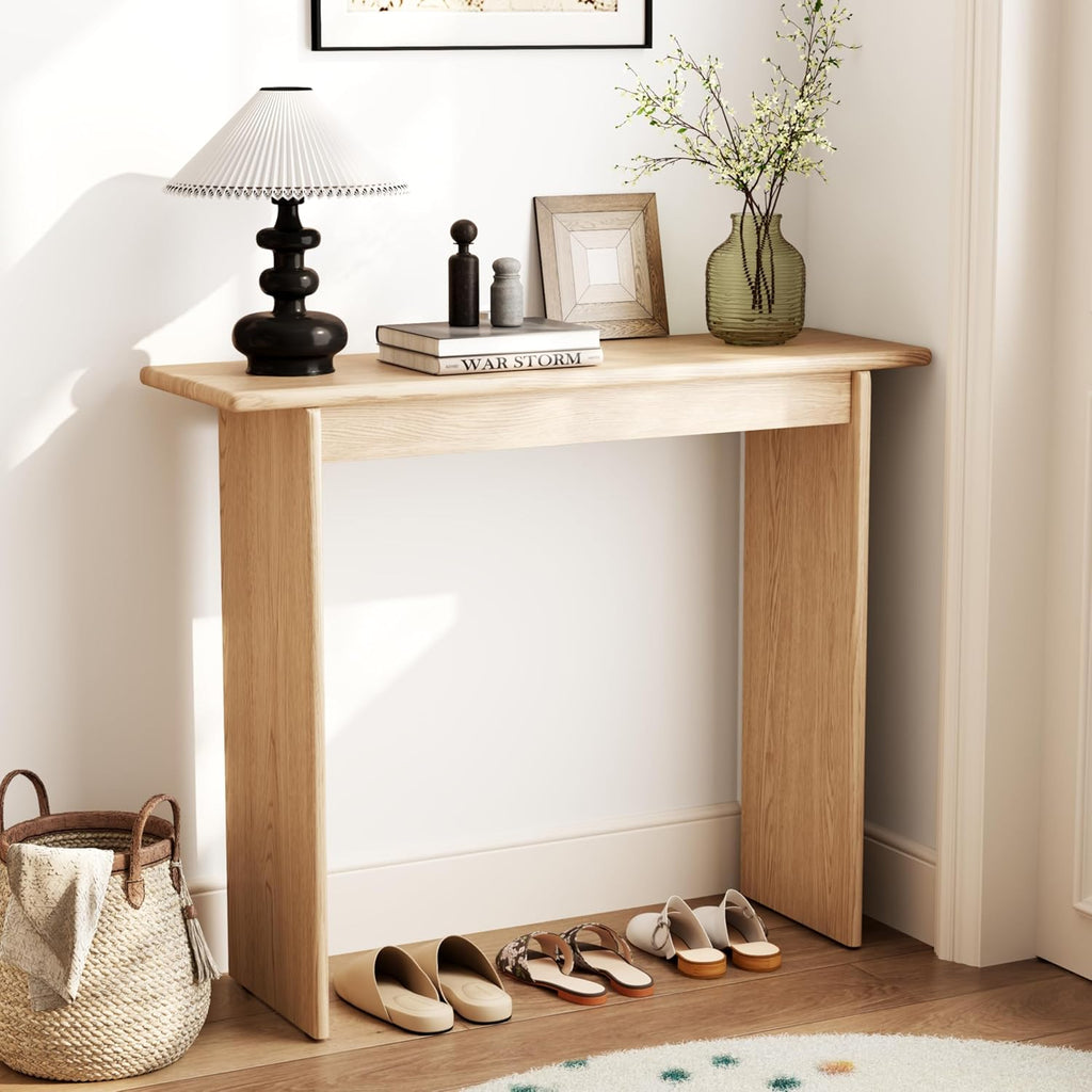AQIMUELE Natural Console Table Thin Rubberwood Minimalist Mid-Century Style | Stable and Sturdy 11.8" D x 39.4" W x 31.5" H for Entryway/Sofa Back