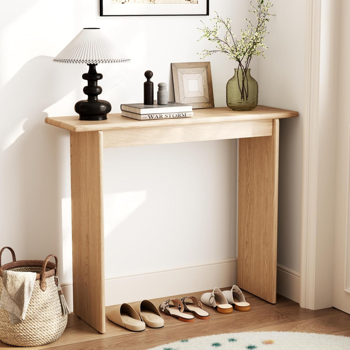 AQIMUELE Natural Console Table Thin Rubberwood Minimalist Mid-Century Style | Stable and Sturdy 11.8" D x 39.4" W x 31.5" H for Entryway/Sofa Back