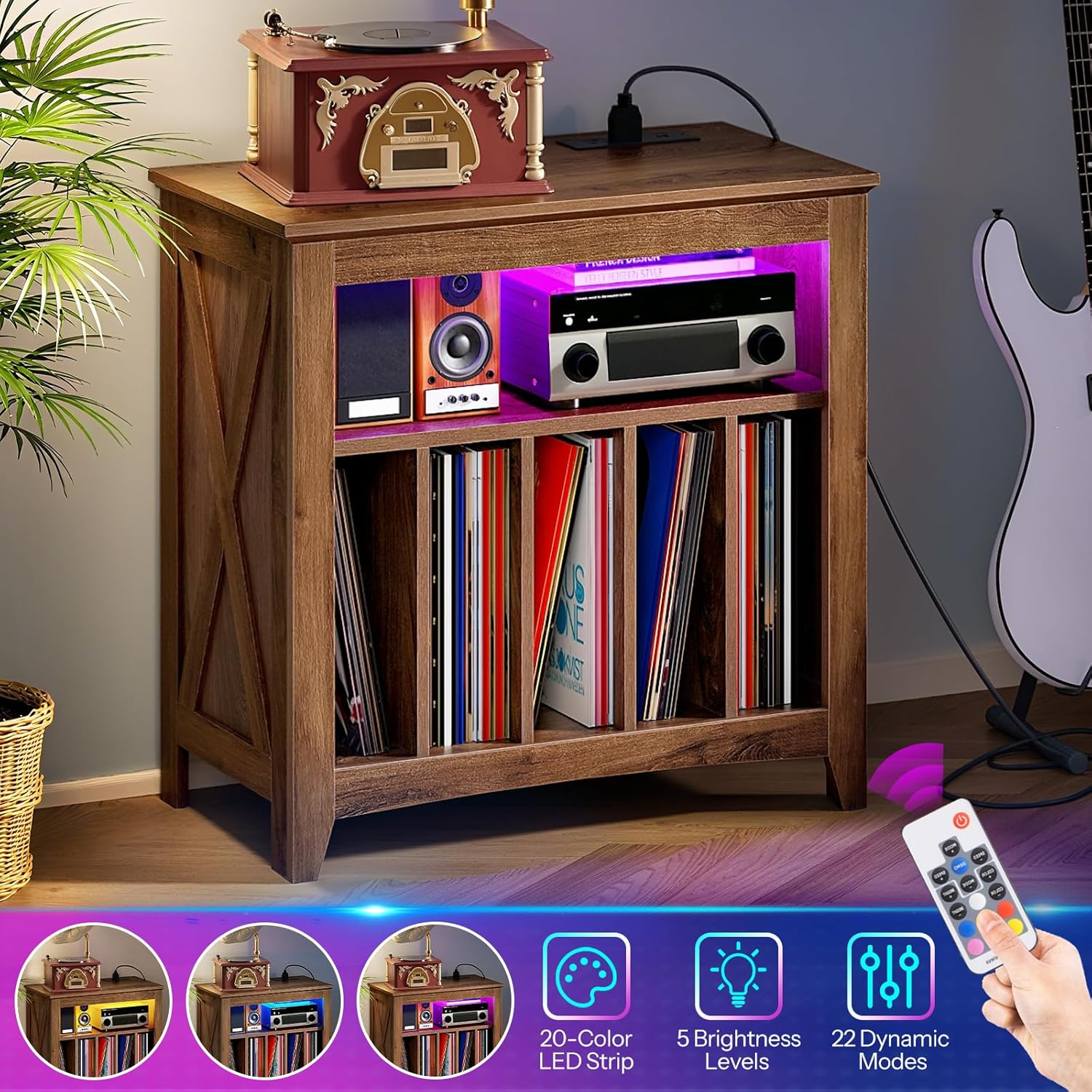 CHOEZON Record Player Stand with Charging Station and Light Strip, Vinyl Record Storage Holder, holds up to 200 Albums, Turntable Stand Display Shelf, for Living Room, Bedroom, Walnut MBZ09UDHT
