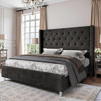 PaPaJet Queen Velvet Bed Frame with 49.2" Tall Wingback Headboard, Black