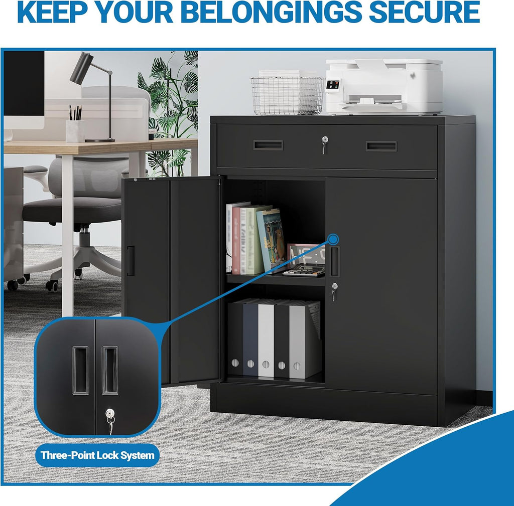 Metal Storage Cabinet, 36" Locking Steel Cabinet with 1 Drawers and 1 Adjustable Shelves for Garage, Home, Office, Kitchen (Black, 36" H x 28" W x 16" D)