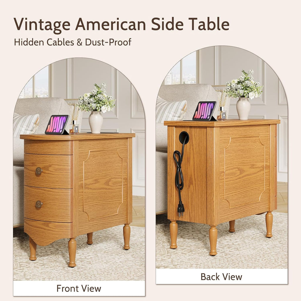 End Table Set of 2 with Charging Station, Narrow Side Table with 2 Drawer, Wood Sofa Side Table for Living Room, Vintage Slim Nightstand for Bedroom, Pre-Assembled (Light Walnut)