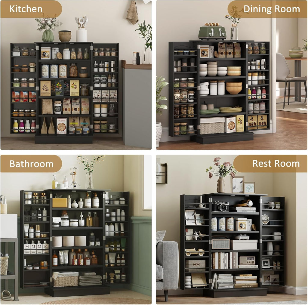 HOMCOM 41" Kitchen Pantry Storage Cabinet, Freestanding Kitchen Cabinet with 12 Door Shelves, Double Doors, 5-Tier Shelving and Adjustable Shelves, Black