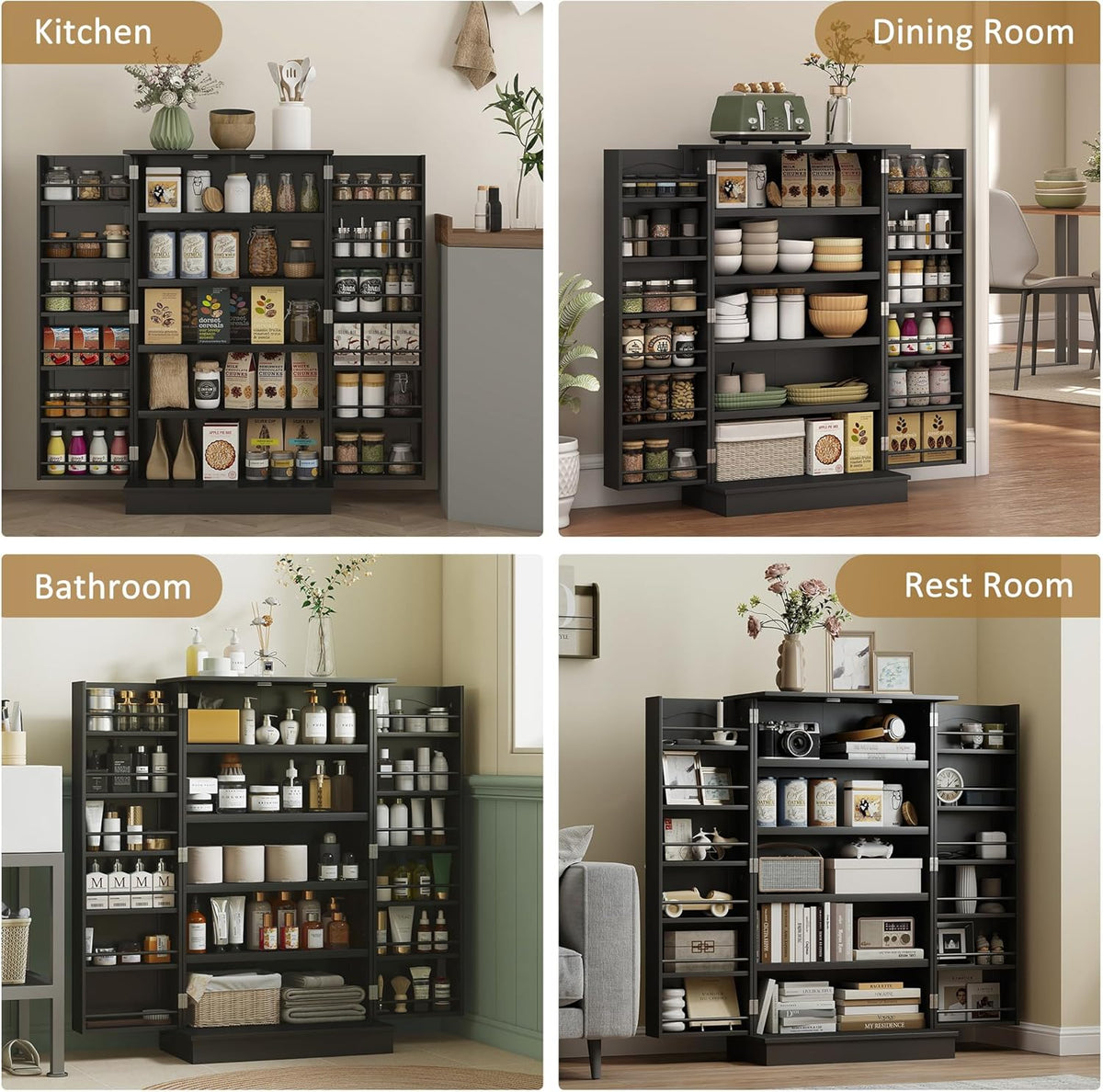 HOMCOM 41" Kitchen Pantry Storage Cabinet, Freestanding Kitchen Cabinet with 12 Door Shelves, Double Doors, 5-Tier Shelving and Adjustable Shelves, Black