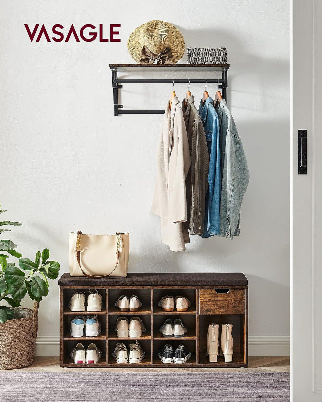 VASAGLE CUSTOS Collection - Storage Bench, Entryway Bench with Cushion, Drawer and Open Compartments, Bench with Storage, Living Room, Bedroom, Closet, Rustic Brown and Chestnut Brown ULHS024T01
