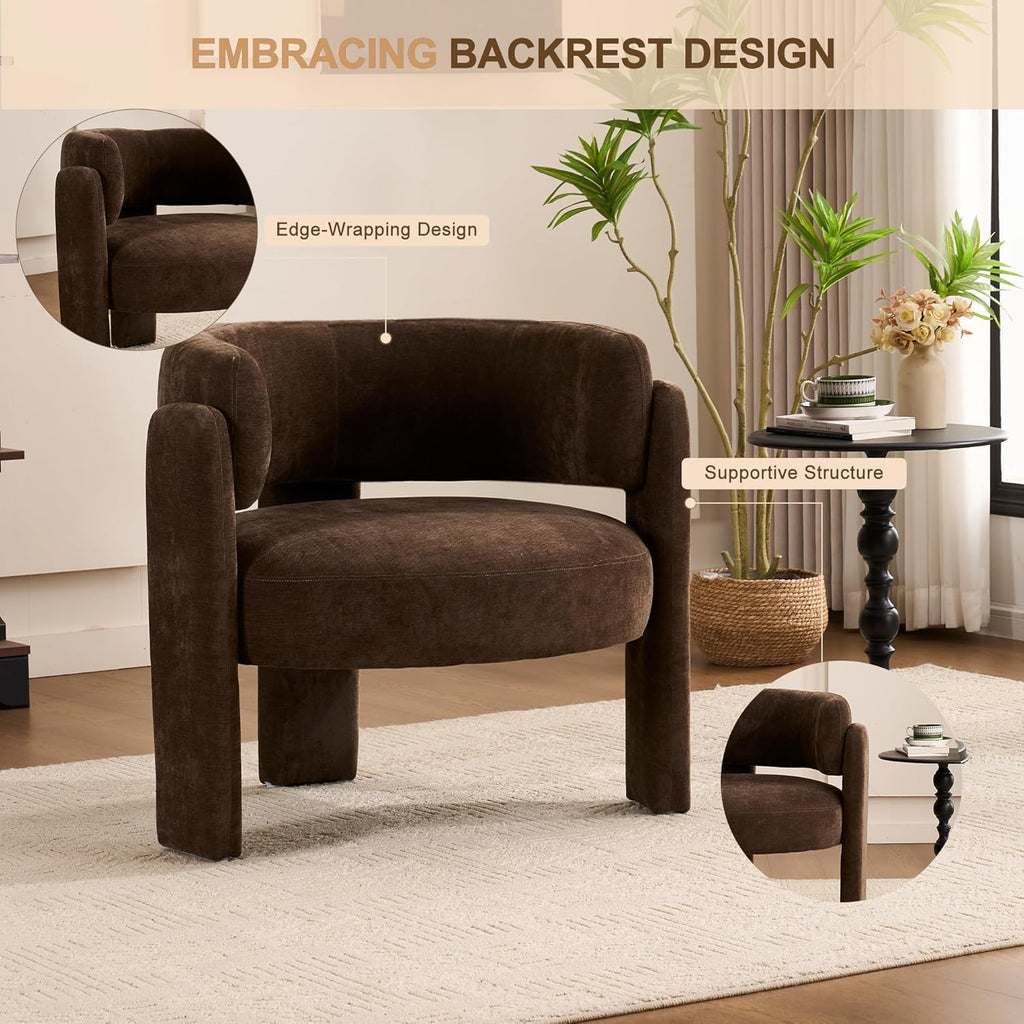 Modern Accent Barrel Chair,Mid Century Single Armchair with Curved Backrest Upholstered Side Reading Chair with 3 Legs Comfy Sherpa Chair for Bedroom Home Office Living Room (Brown)
