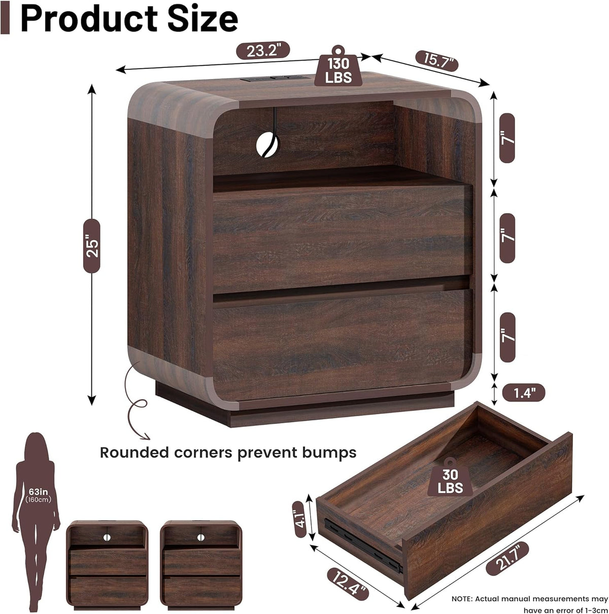 Standifurno Modern Walnut Nightstand, 25" Tall Wooden Bedside Table with Charging Station, 2 Storage Drawers Side Table Curved Profile, Handleless, Large End Table Night Stand for Bedroom, Office