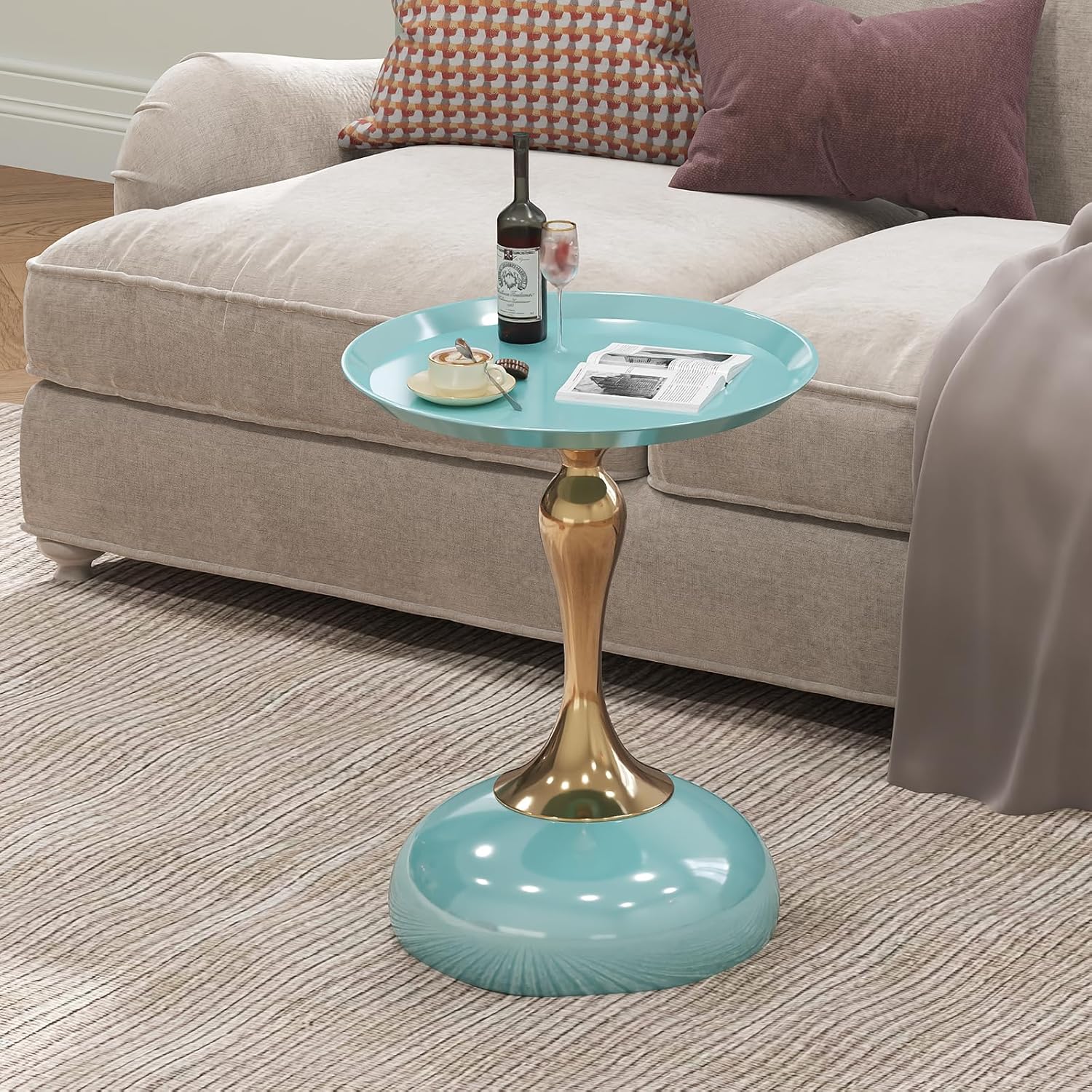 1-Pack Light Green Sleek Hourglass Side Table - Glossy Finish & Metallic Base | Contemporary Accent End Table for Living Room, Cafe & Home Decor Spaces