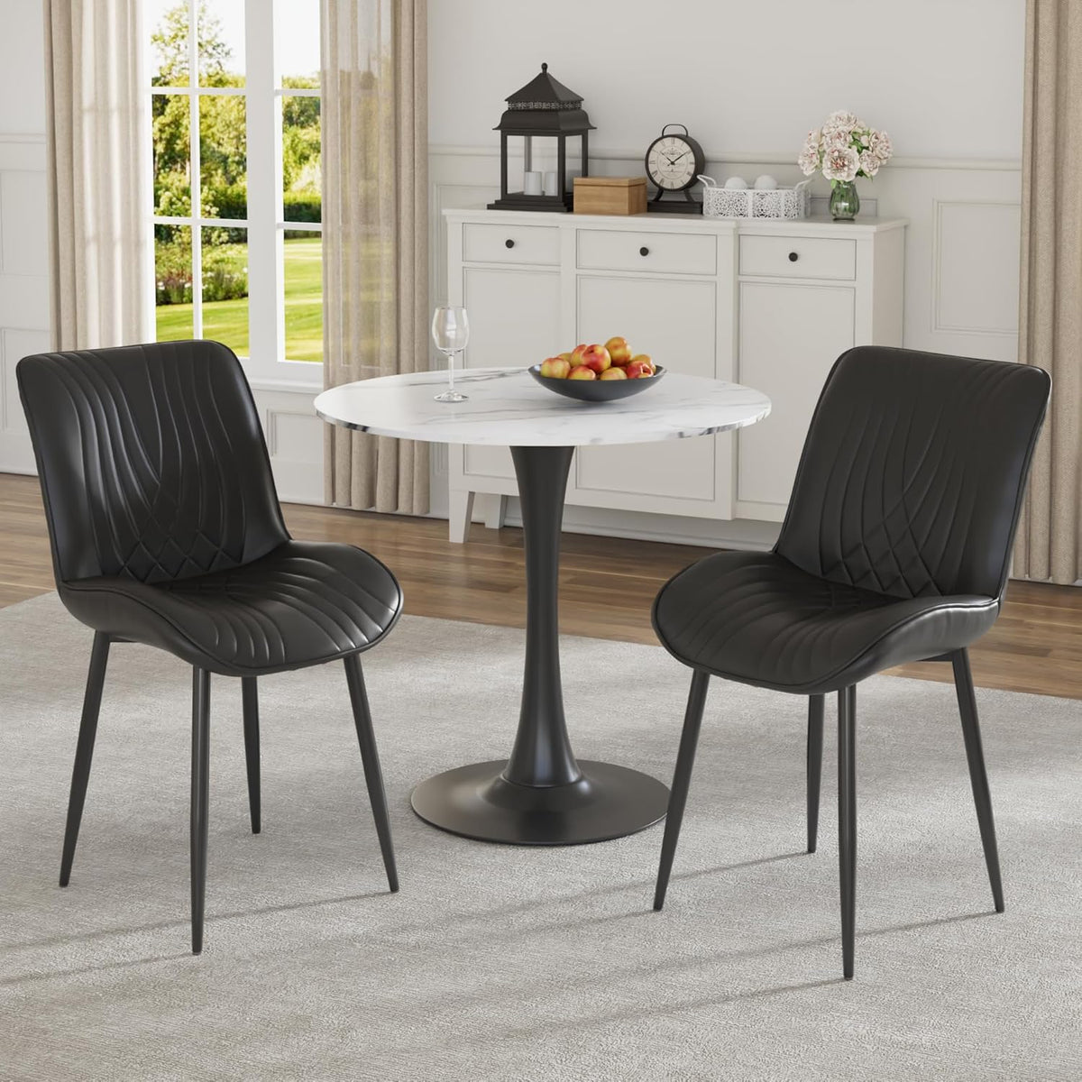 VECELO Dining Chairs Set of 2, Modern Upholstered Faux Leather Cushion Seat and Metal Legs for Kitchen, Living Room, Black