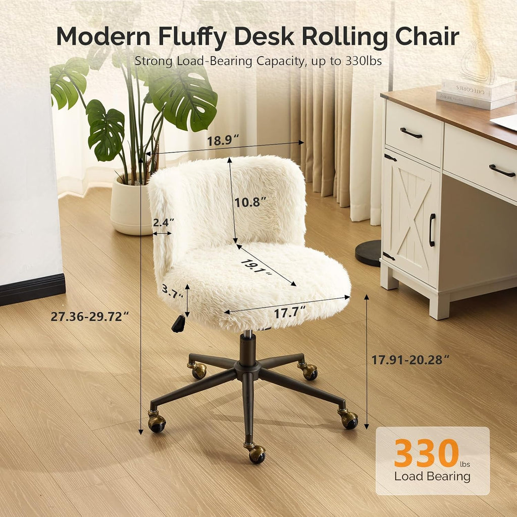 VINGLI Plush Upholstery Vanity Desk Chair with Curved Back & 90-102° Tilt &Adjustable Height, Cute Rolling Chair with Bronze Base & Golden-Bronze 360° Swivel Wheels for Makeup &Home Office,White Cream