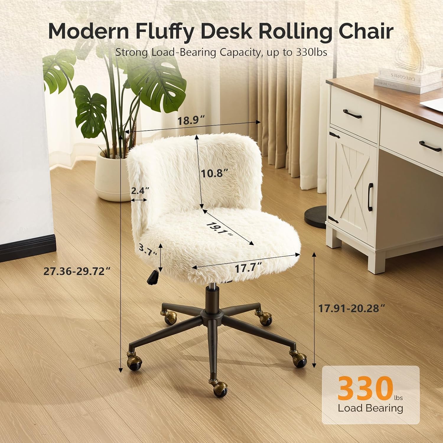 VINGLI Plush Upholstery Vanity Desk Chair with Curved Back & 90-102° Tilt &Adjustable Height, Cute Rolling Chair with Bronze Base & Golden-Bronze 360° Swivel Wheels for Makeup &Home Office,White Cream