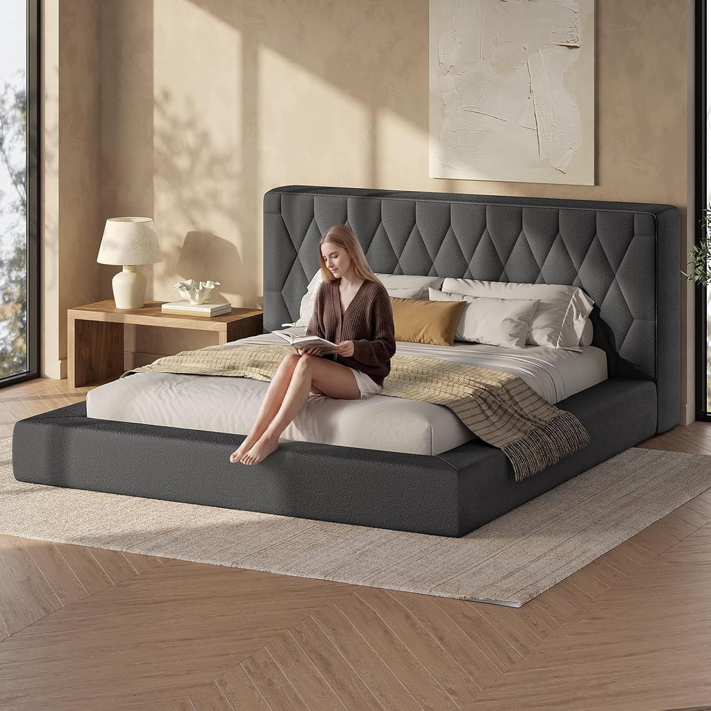 ADORNEVE Upholstered Cloud Bed Frame King with 5.9" Thick Headboard, Grey