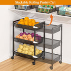 3IngSeagulls 3-Tier Expandable Rolling Pantry Floor Organizer, Stackable Pantry Storage Cart with Wheels, Kitchen Fruit and Vegetable Storage Rack for Onion, Potato, Food, Snacks