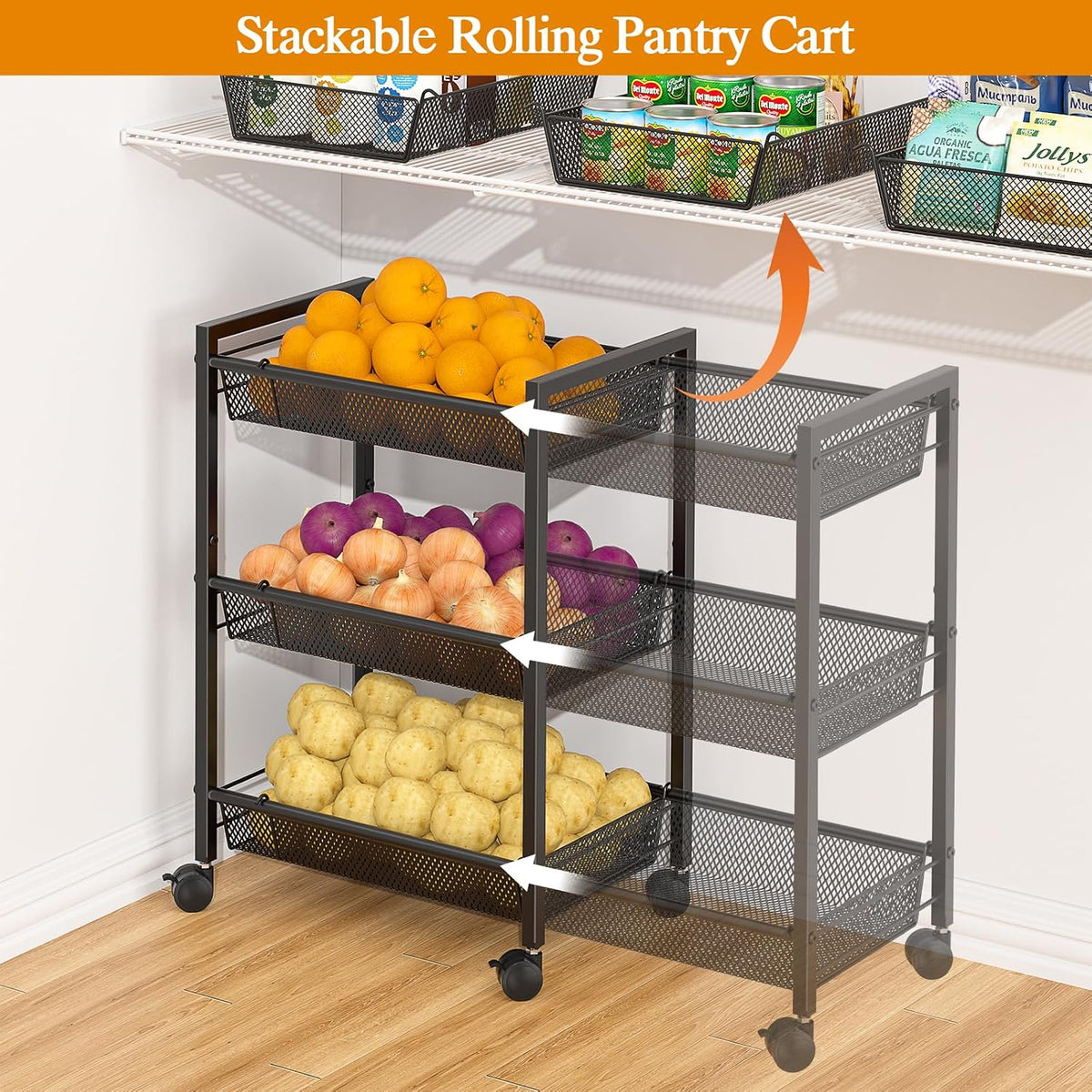 3IngSeagulls 3-Tier Expandable Rolling Pantry Floor Organizer, Stackable Pantry Storage Cart with Wheels, Kitchen Fruit and Vegetable Storage Rack for Onion, Potato, Food, Snacks