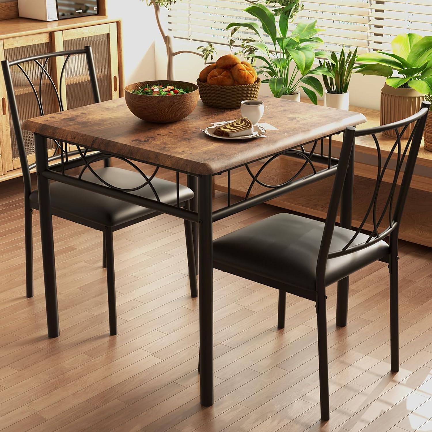 GAOMON 3-Piece Dining Table Set for 2, Square Space-Saving Kitchen Table & 2 Upholstered Chairs for 2, Compact Apartment Kitchen & Dining Room Set Furniture for Small Spaces, Rustic Brown