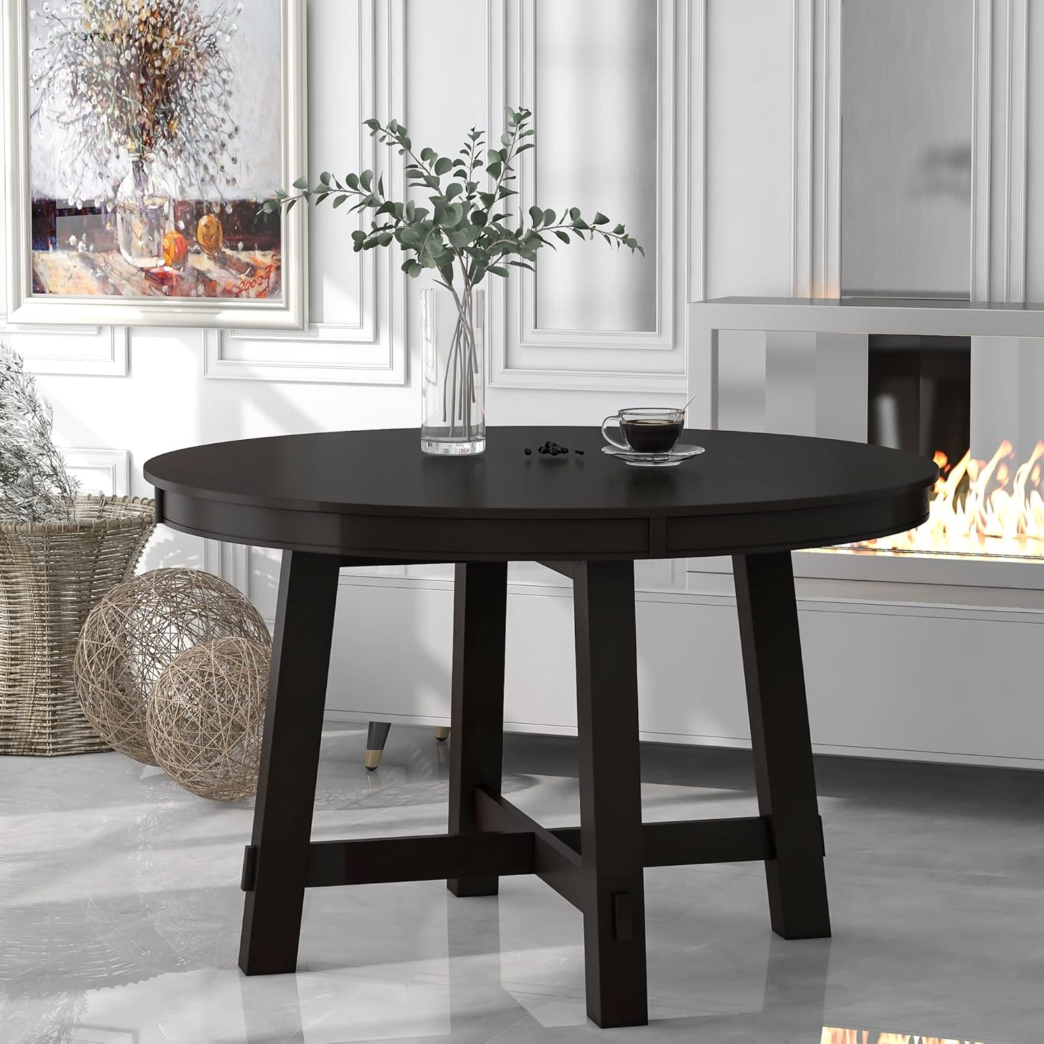GDFStudio 42"-58" Farmhouse Extendable Dining Table for 4-6, Solid Wood Round Dining Table with 16" Leaf & X-Shaped Base, Rustic Kitchen & Dining Room Table, Space Saving, Espresso