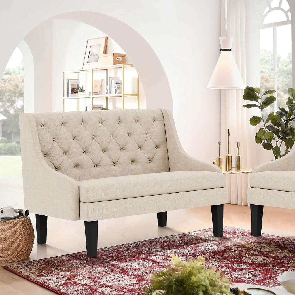 Settee Bench with Back Small Loveseat for Dining Room Living Room Entryway Modern Upholstered Banquette Button Tufted Mini Couch with Wood Legs Cream