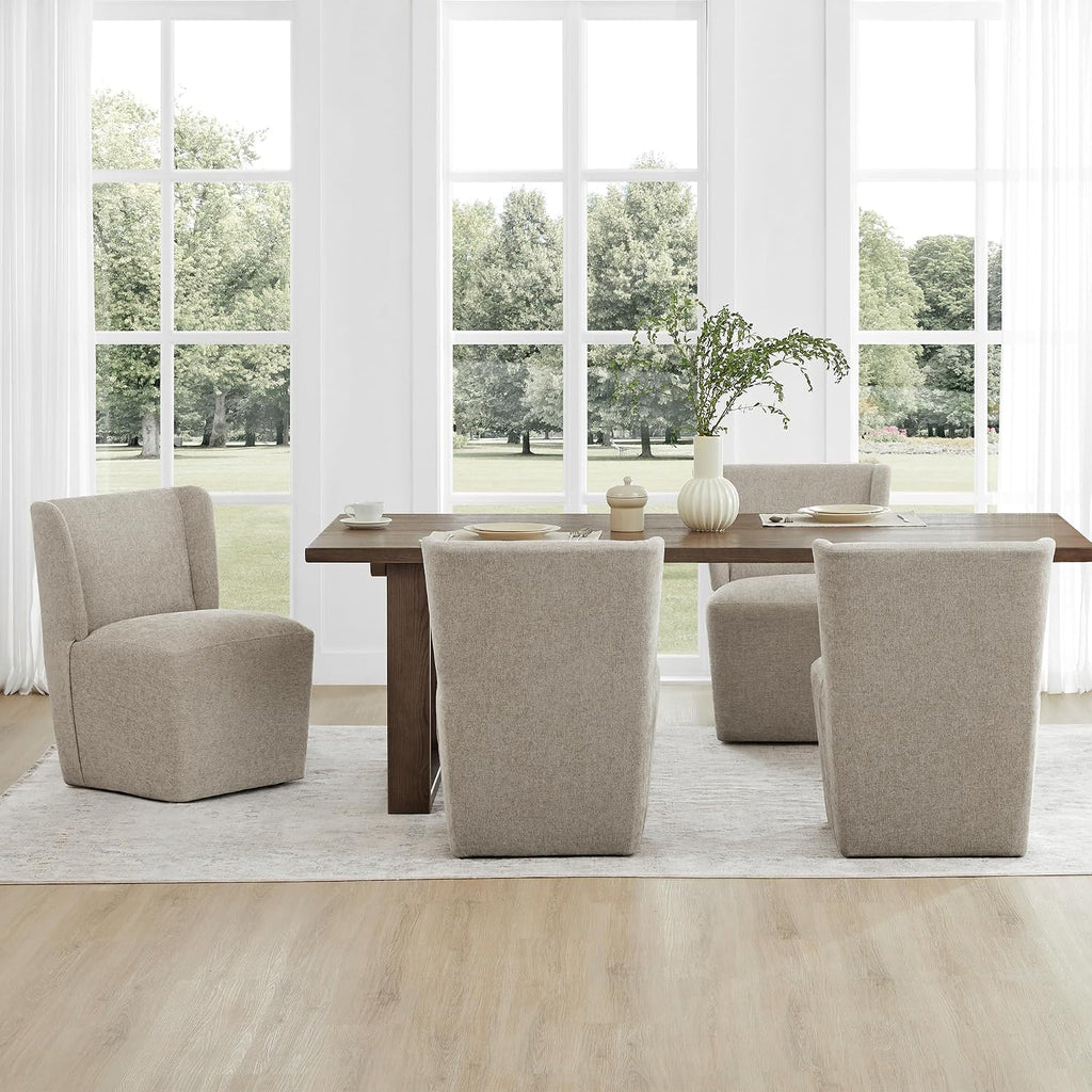 KISLOT Upholstered Dining Chairs Set of 4 with Casters, Sand | Wingback Modern Dining Room Chairs with Rollers, Armless Side Chair with Easy-clean Linen Look Fabric for Kitchen Dining Room