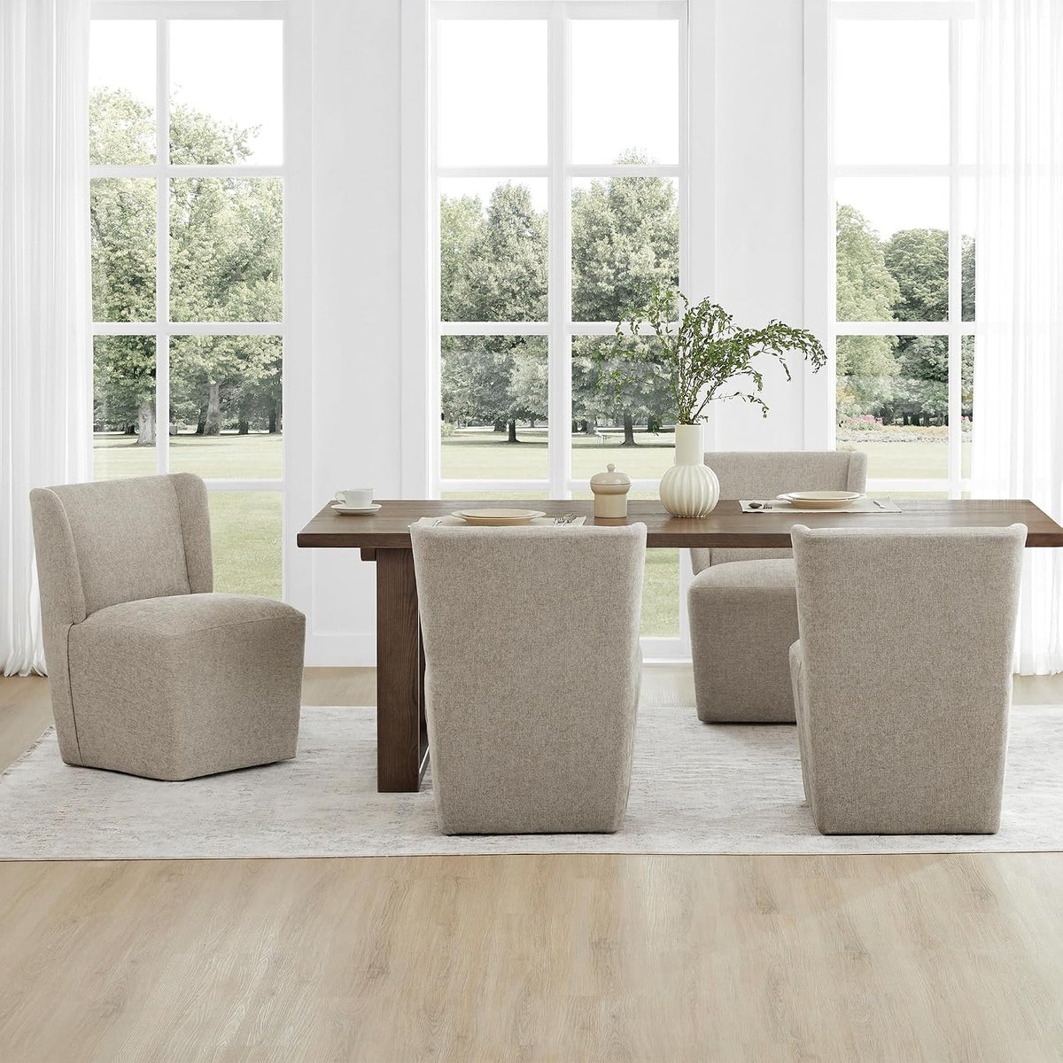 KISLOT Upholstered Dining Chairs Set of 4 with Casters, Sand | Wingback Modern Dining Room Chairs with Rollers, Armless Side Chair with Easy-clean Linen Look Fabric for Kitchen Dining Room