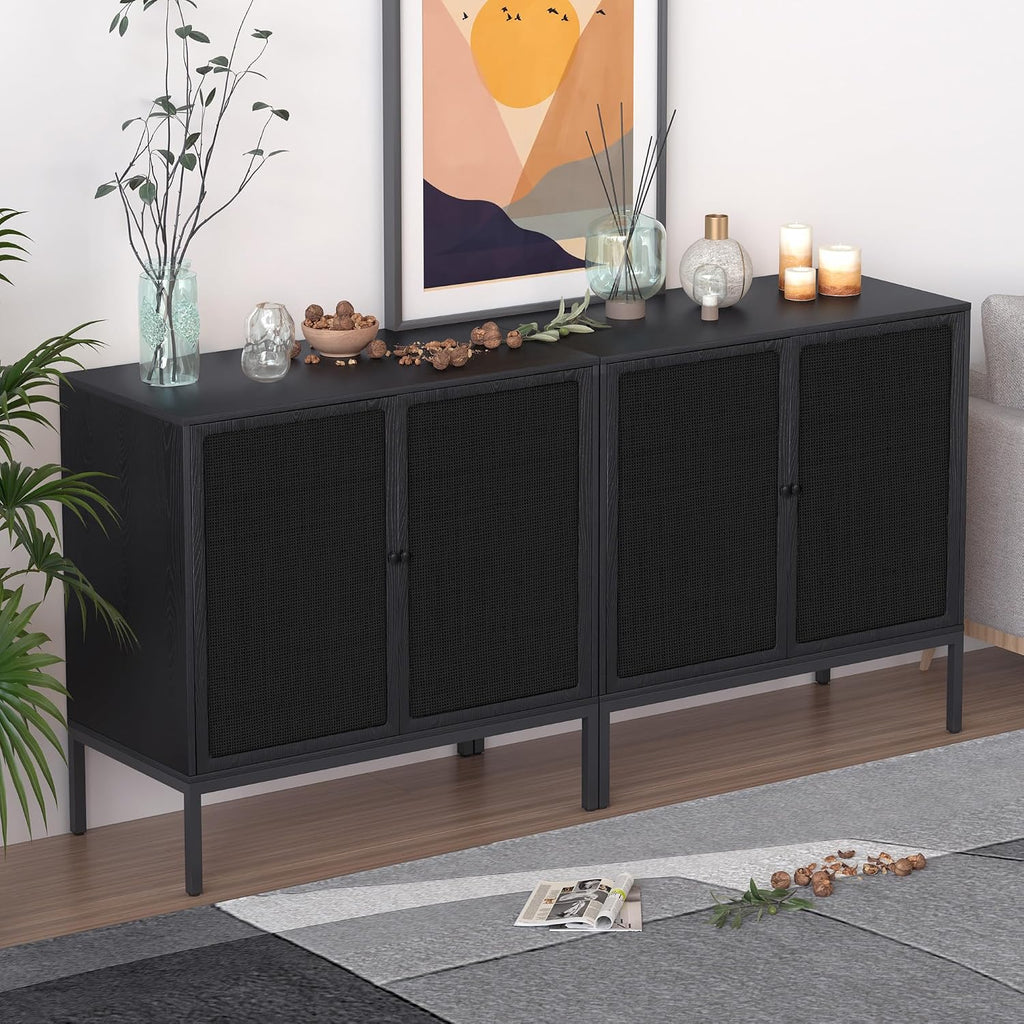 XIAO WEI Farmhouse Boho Sideboard Buffet Cabinet with Black Rattan Doors, 31.5" W Accent Credenza Console Storage Cabinet with Metal Legs for Living Room, Entryway, Kitchen/Set of 2