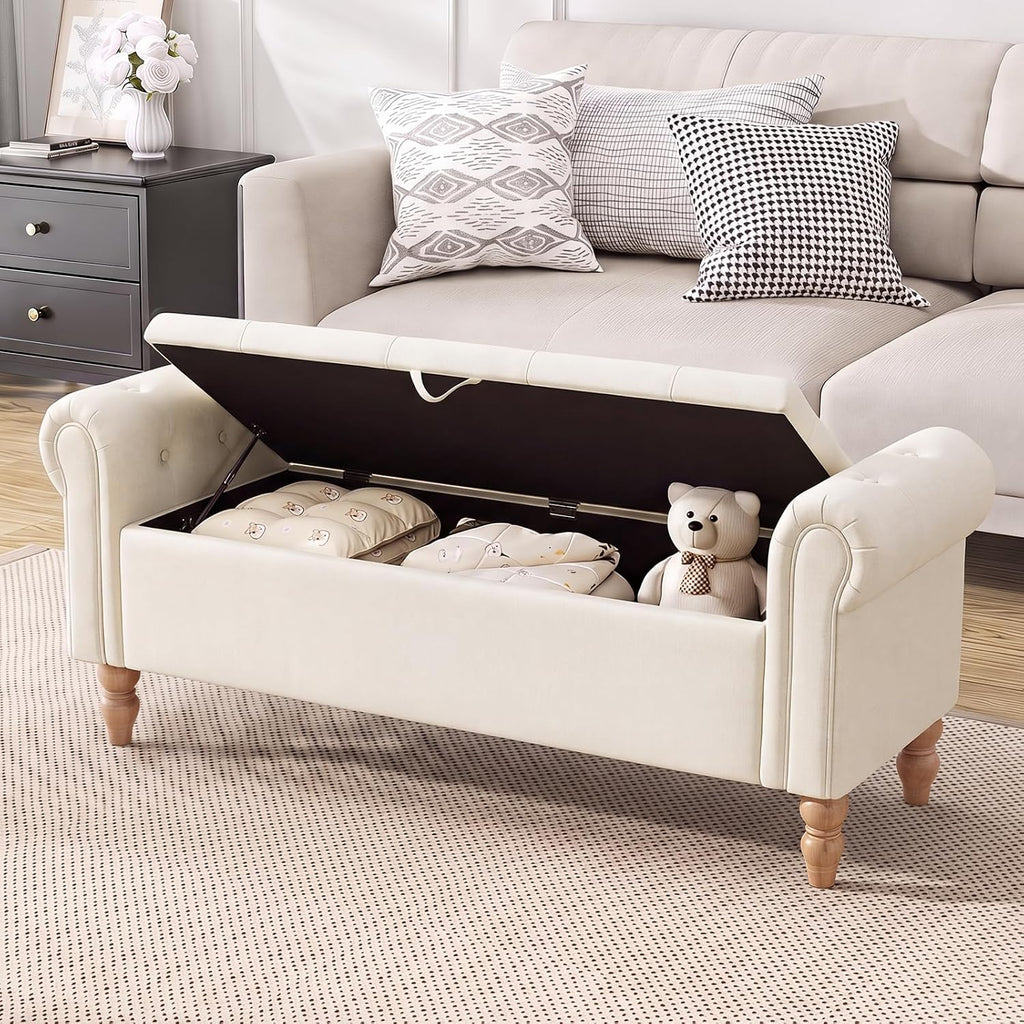 Furniliving 55” End of Bed Bench, Bedroom Bench with Button-Tufted, Large Upholstered Storage Ottoman Entryway Bench with Storage Shoe Cabinet Bench, for Bedroom, Linen, Beige