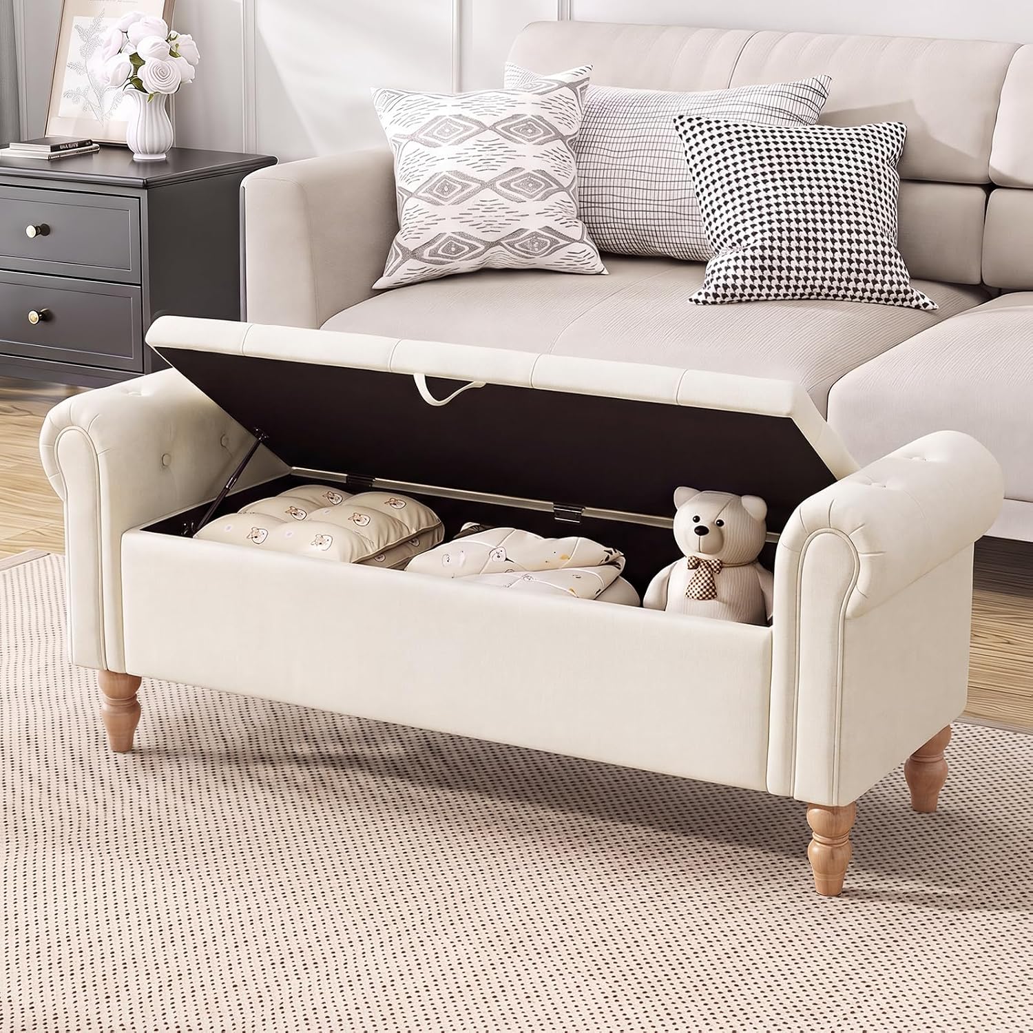 Furniliving 55” End of Bed Bench, Bedroom Bench with Button-Tufted, Large Upholstered Storage Ottoman Entryway Bench with Storage Shoe Cabinet Bench, for Bedroom, Linen, Beige