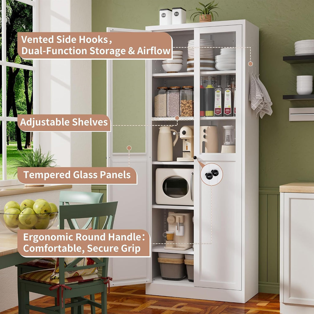 DSHADE 72" Tall Metal Kitchen Pantry Cabinet with Adjustable Shelves & Doors, Heavy-Duty Freestanding Storage Organizer, Tool-Free Assembly for Living Room, Bathroom, White