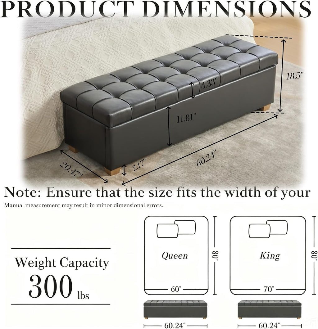 Aoiy & Wifon 60.2'' W Storage Ottoman Bench, PU Upholstered Ottoman with Storage, End of Bed Storage Bench with Wood Legs for Bedroom, Entryway, Window, Living Room, Gray