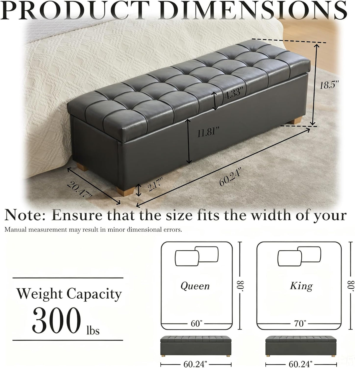 Aoiy & Wifon 60.2'' W Storage Ottoman Bench, PU Upholstered Ottoman with Storage, End of Bed Storage Bench with Wood Legs for Bedroom, Entryway, Window, Living Room, Gray