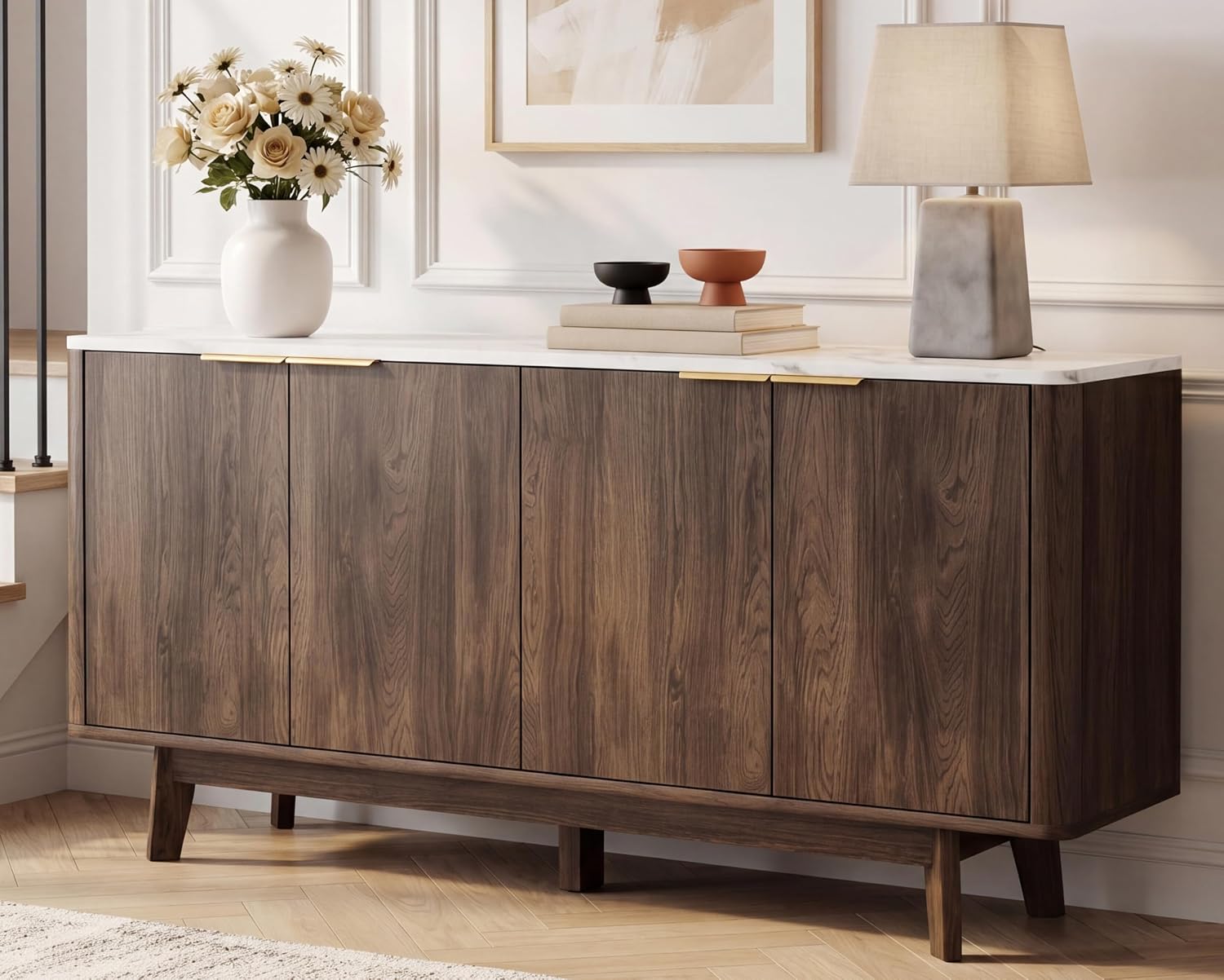 63'' Buffet Cabinet Sideboard with Storage, with 4 Doors, Brown
