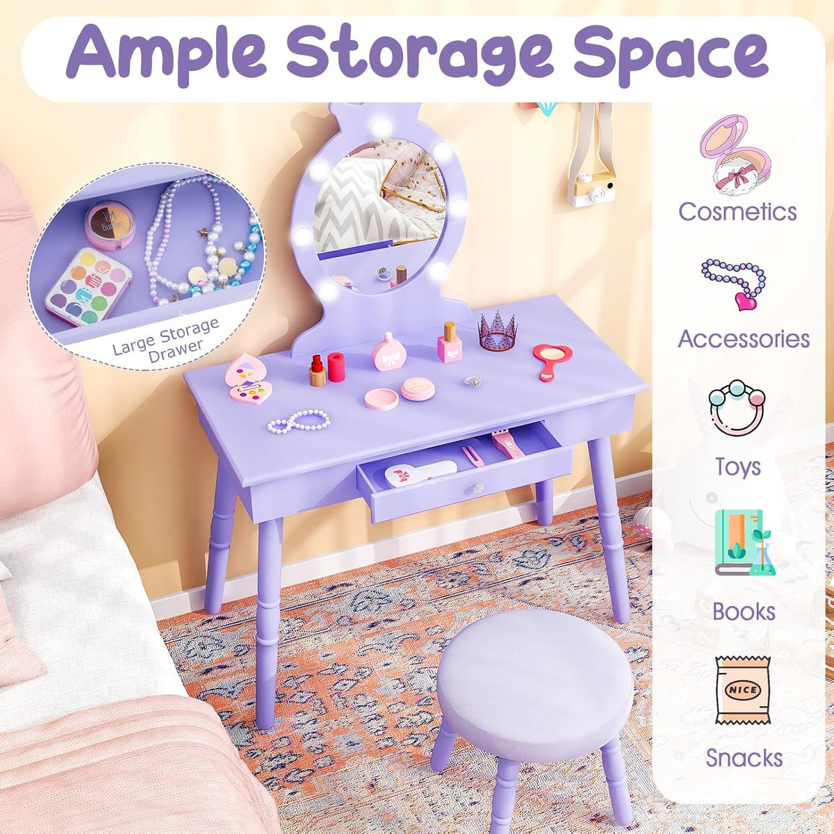 Costzon Kids Vanity, Girls Vanity Set with Mirror and Stool and Lights, Drawer, 2 in 1 Wooden Makeup Vanity Desk Dressing Table, Kids Vanity Table and Chair Set (Violet)