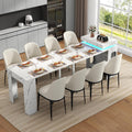 Extendable Dining Table with Charging Station, Convertible Folding Console Table for 6-8 People, Space-Saving Dining Table with LED Lights, Wood Rectangle Kitchen Table, Marble White (No Chairs)