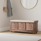 OSP Home Furnishings Dover Coastal Lift-Top Storage Bench with Shutter Face Styling, Distressed Brown Finish with Beige Linen Fabric Cushion