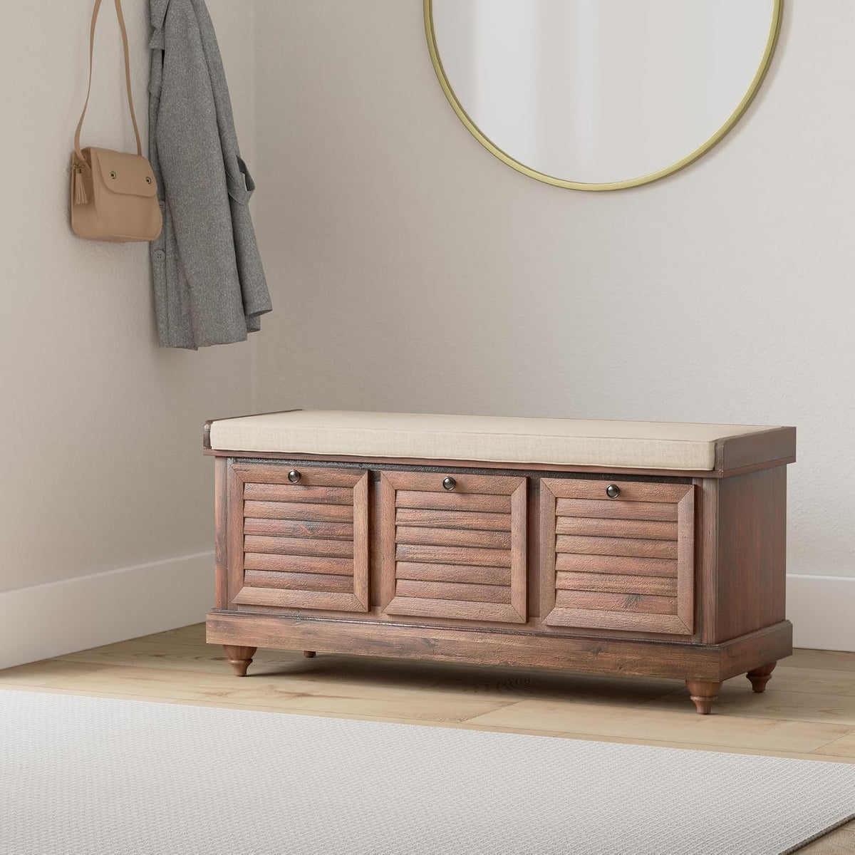 OSP Home Furnishings Dover Coastal Lift-Top Storage Bench with Shutter Face Styling, Distressed Brown Finish with Beige Linen Fabric Cushion