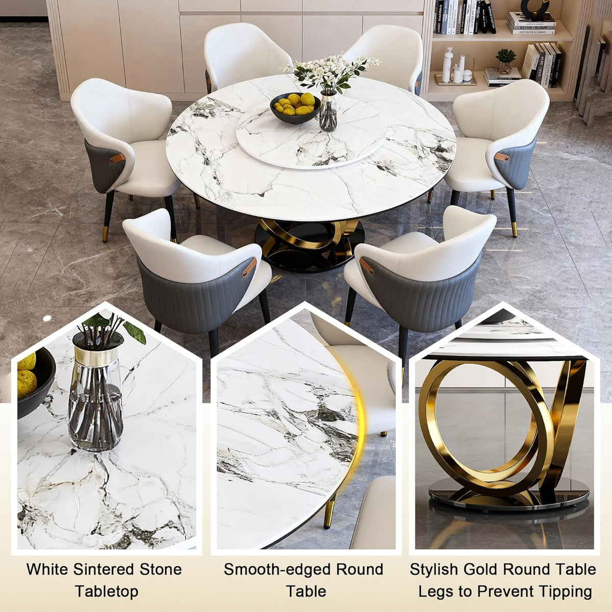 Montary 53” Modern Round Dining Table for 4-8 Seat, Artificial Marble Dining Room Table with Lazy Susan, 3 Gold Circles Stainless Steel Base, Sintered Stone Top Dining Table (Only Table)