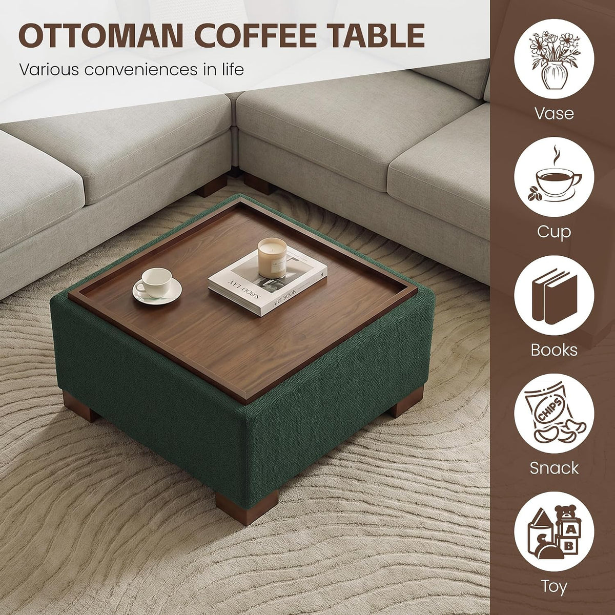 WUTUTUEE 30" Square Ottoman Coffee Table with Storage, Boucle Ottomans with Tray and Solid Wood Legs for Living Room, Bedroom and Apartments, Oversize Modern Ottoman Tea Table with Lift-Off Lid, Green