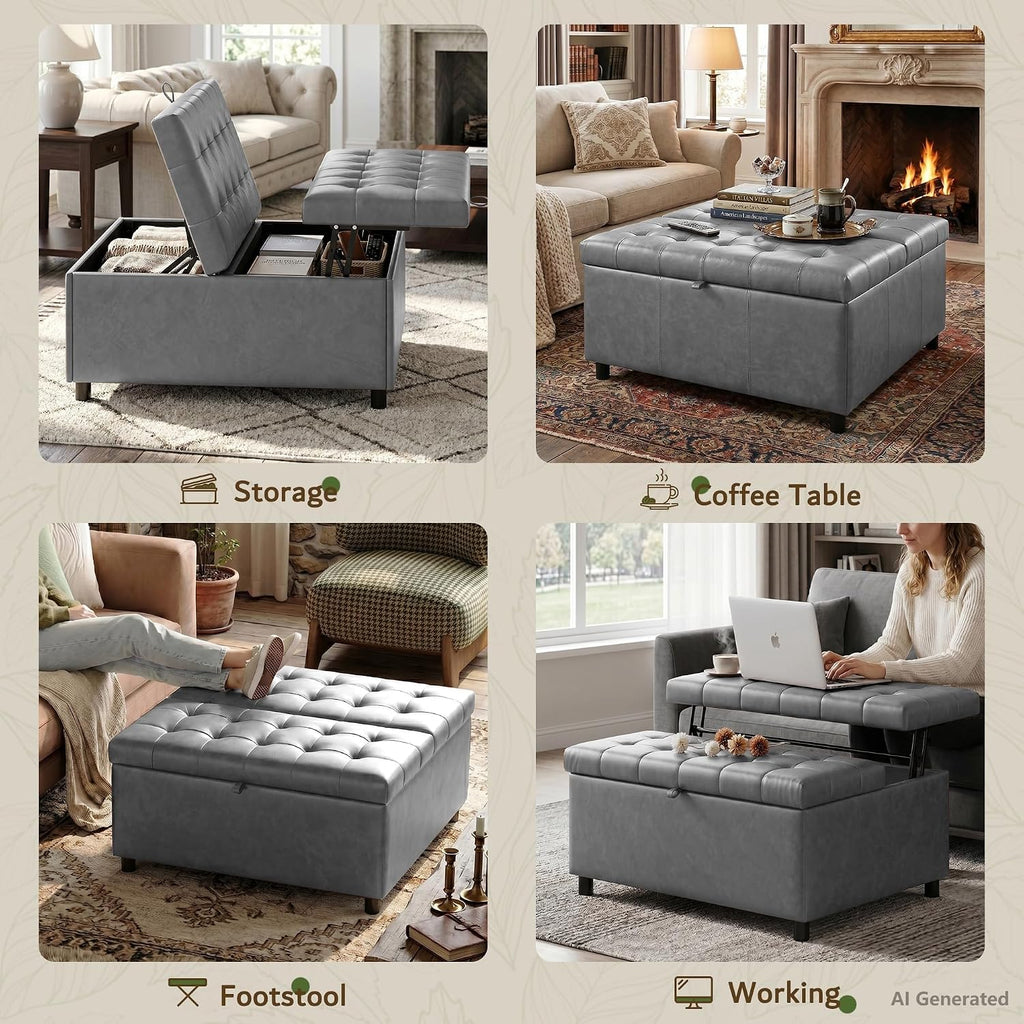 LINLUX Grey Leather 36 Inch Square Large Living Room Lift Top Ottoma | LINLUX Tufted Upholstered Shoe Storage Entry Bench, Bed Benches For Foot Rest, Lift Footrest For Dorm Bedroom Office