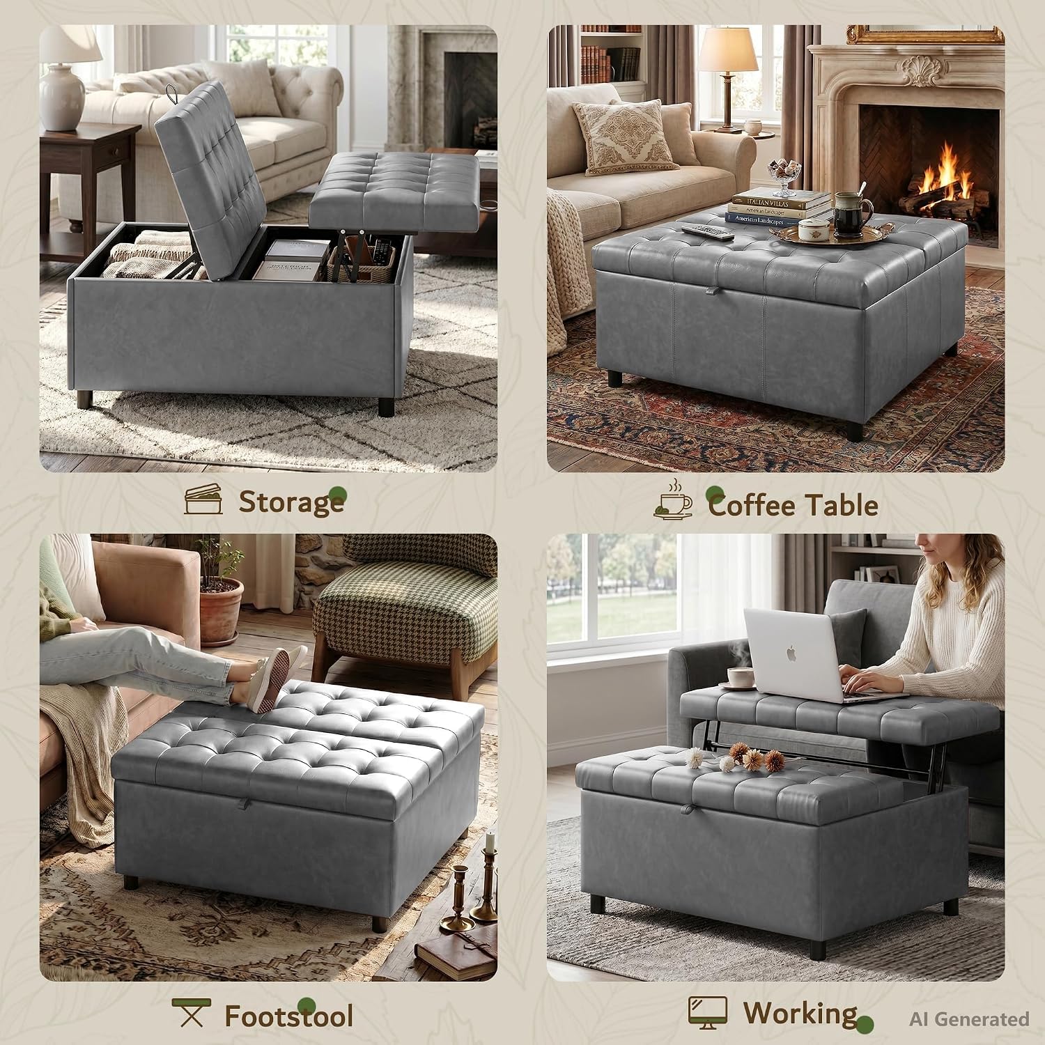 LINLUX Grey Leather 36 Inch Square Large Living Room Lift Top Ottoma | LINLUX Tufted Upholstered Shoe Storage Entry Bench, Bed Benches For Foot Rest, Lift Footrest For Dorm Bedroom Office