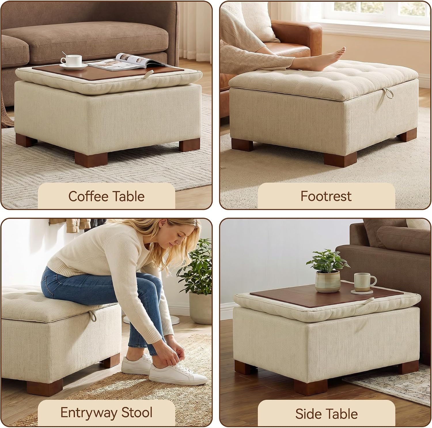 30 Inch Square Storage Ottoman Coffee Table, Modern Tufted Upholstered Ottoman with Flip Tray and Solid Wood Legs, Suitable for Living Rooms, Linen Khaki