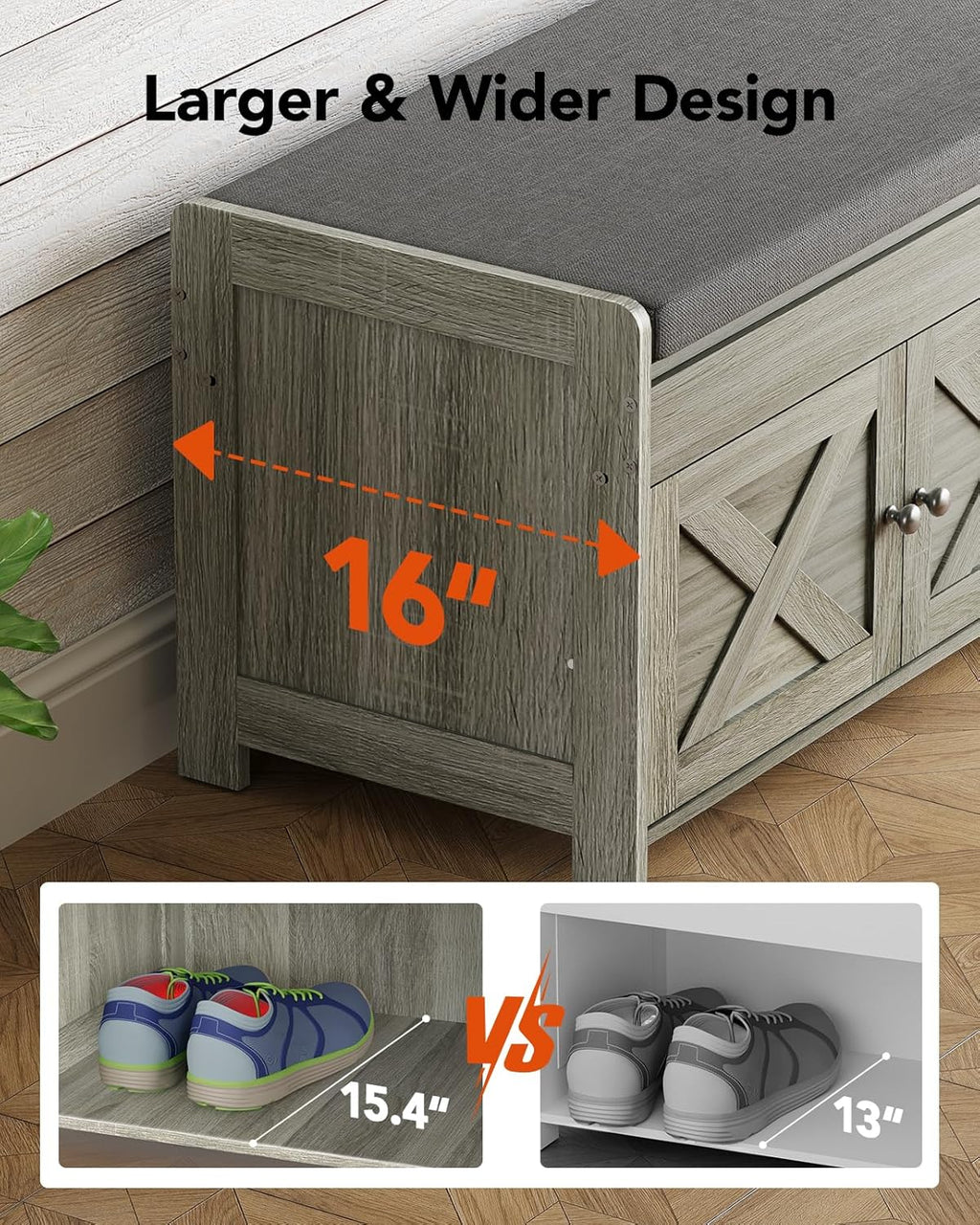 Pipishell Shoe Storage Bench, 2-Tier Shoe Bench with Cushioned Seat, Entryway Bench with Adjustable Shelf & Barn Doors, 300 lbs Capacity, 39.4" x 15" x 18", for Entryway, Bedroom, Living Room, Gray